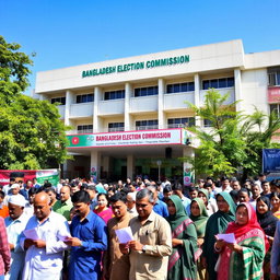 A building of the Bangladesh Election Commission, characterized by its distinctive architecture and prominent signage