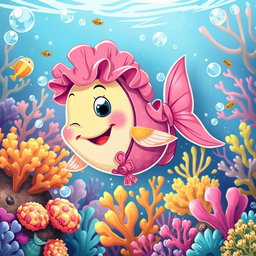 A whimsical illustration of a fish wearing a vibrant pink outfit, complete with frills and accessories, swimming happily in a colorful underwater scene filled with coral reefs and various sea creatures