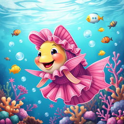 A whimsical illustration of a fish wearing a vibrant pink outfit, complete with frills and accessories, swimming happily in a colorful underwater scene filled with coral reefs and various sea creatures