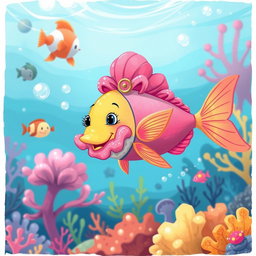 A whimsical illustration of a fish wearing a vibrant pink outfit, complete with frills and accessories, swimming happily in a colorful underwater scene filled with coral reefs and various sea creatures