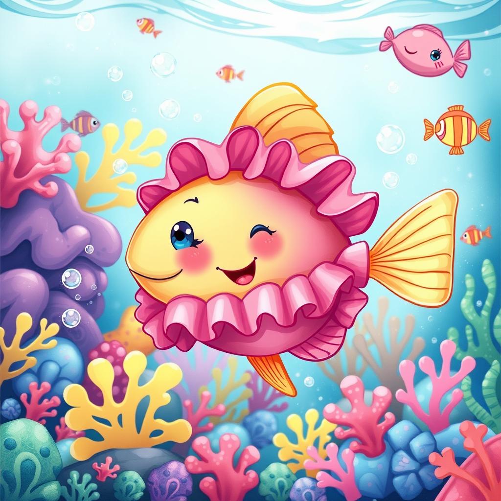 A whimsical illustration of a fish wearing a vibrant pink outfit, complete with frills and accessories, swimming happily in a colorful underwater scene filled with coral reefs and various sea creatures