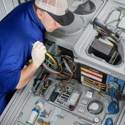 A dedicated air conditioning mechanic diligently working on a complex residential air conditioning unit, equipped with a full set of professional tools.