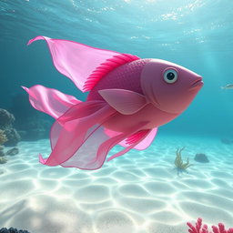 A whimsical scene featuring a vibrant pink fish swimming gracefully in a clear, sparkling ocean