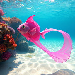 A whimsical scene featuring a vibrant pink fish swimming gracefully in a clear, sparkling ocean