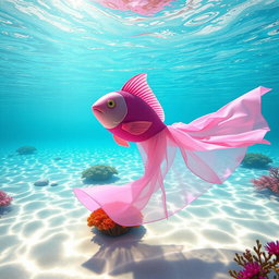 A whimsical scene featuring a vibrant pink fish swimming gracefully in a clear, sparkling ocean