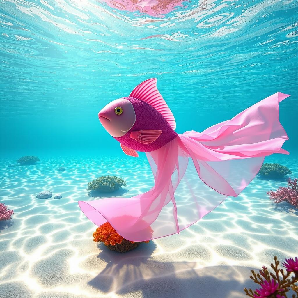 A whimsical scene featuring a vibrant pink fish swimming gracefully in a clear, sparkling ocean