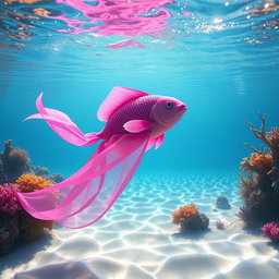 A whimsical scene featuring a vibrant pink fish swimming gracefully in a clear, sparkling ocean