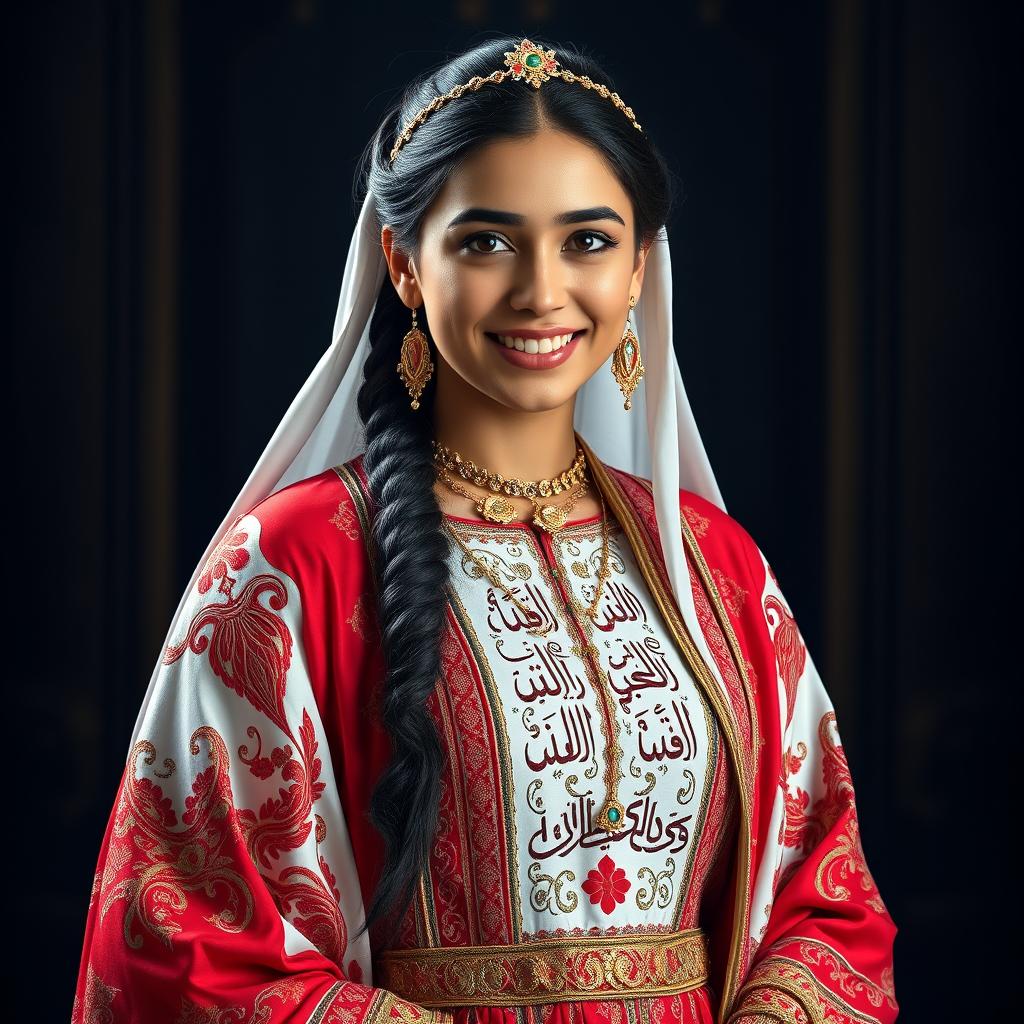 A young woman aged 20-30 years, smiling confidently, dressed in a majestic traditional Yemeni royal gown
