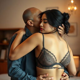 A 39-year-old Indonesian man with pure white skin affectionately hugs a stunning 28-year-old woman from behind, kissing her cheek gently