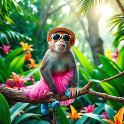 A playful monkey wearing a stylish pink skirt, paired with bright blue shoes