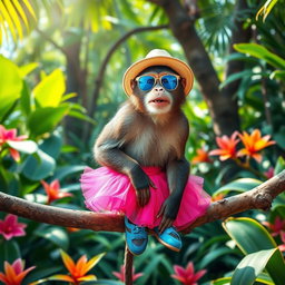 A playful monkey wearing a stylish pink skirt, paired with bright blue shoes