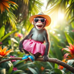 A playful monkey wearing a stylish pink skirt, paired with bright blue shoes