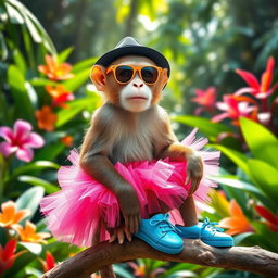 A playful monkey wearing a stylish pink skirt, paired with bright blue shoes