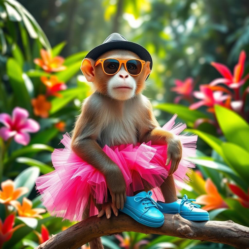 A playful monkey wearing a stylish pink skirt, paired with bright blue shoes