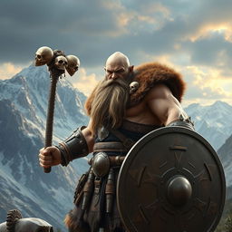 A realistic epic fantasy scene featuring a long-bearded Dwarf warrior from Dungeons & Dragons