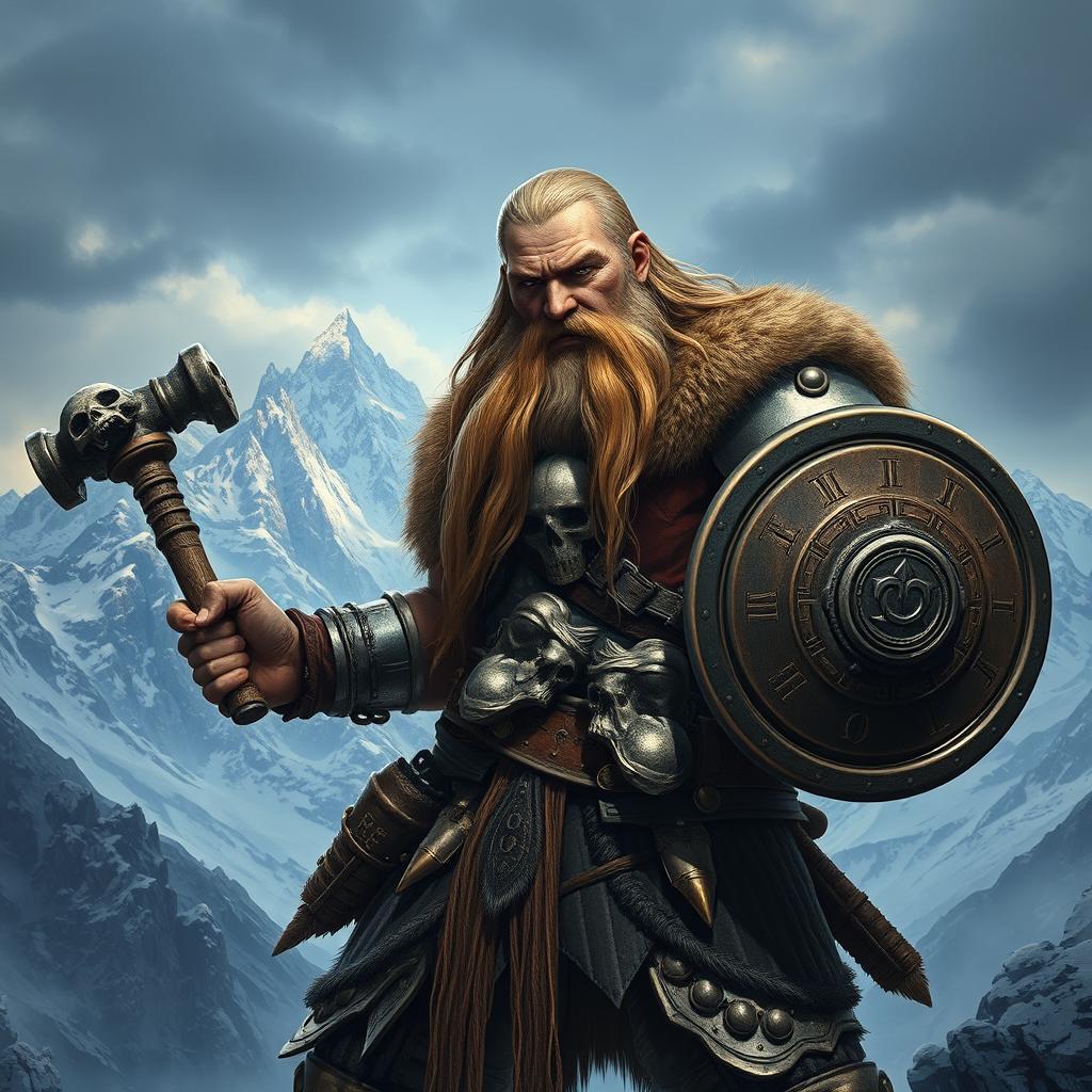 A realistic epic fantasy scene featuring a long-bearded Dwarf warrior from Dungeons & Dragons