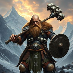 A realistic epic fantasy scene featuring a long-bearded Dwarf warrior from Dungeons & Dragons