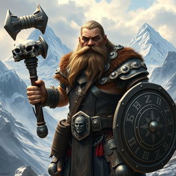 A realistic epic fantasy scene featuring a long-bearded Dwarf warrior from Dungeons & Dragons
