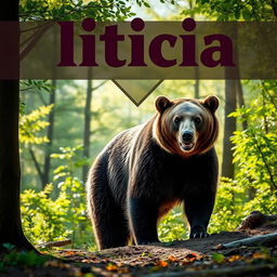 A majestic bear standing in a natural forest setting, surrounded by lush green trees and soft sunlight filtering through the leaves