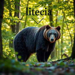 A majestic bear standing in a natural forest setting, surrounded by lush green trees and soft sunlight filtering through the leaves