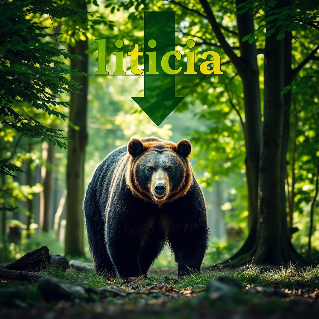 A majestic bear standing in a natural forest setting, surrounded by lush green trees and soft sunlight filtering through the leaves