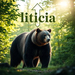 A majestic bear standing in a natural forest setting, surrounded by lush green trees and soft sunlight filtering through the leaves