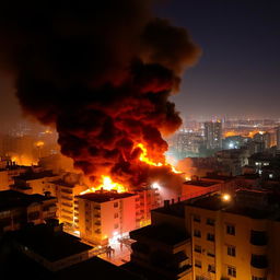 A massive fire engulfing buildings in Tehran, thick black smoke rising into the sky, flames fiercely licking the edges of the rooftops