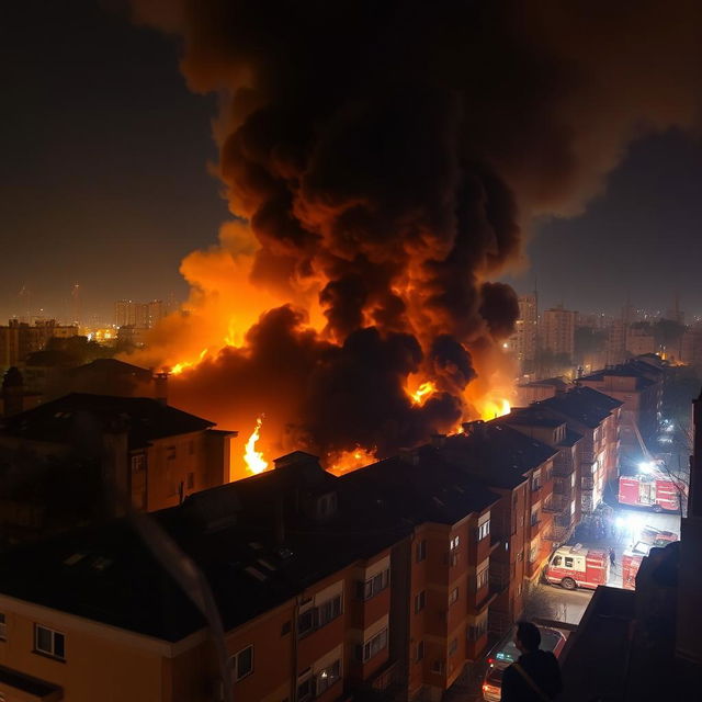 A massive fire engulfing buildings in Tehran, thick black smoke rising into the sky, flames fiercely licking the edges of the rooftops