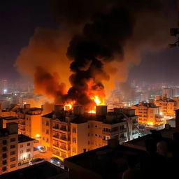 A massive fire engulfing buildings in Tehran, thick black smoke rising into the sky, flames fiercely licking the edges of the rooftops