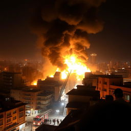 A massive fire engulfing buildings in Tehran, thick black smoke rising into the sky, flames fiercely licking the edges of the rooftops