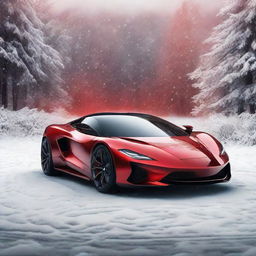 A sleek supercar in glossy red, with design details mimicking the features of Rudolph the Red-Nosed Reindeer, under a snowy, festive backdrop