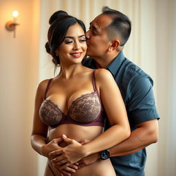 A 39-year-old Indonesian man with pure white skin is embracing a beautiful 28-year-old woman from behind, kissing her cheek affectionately