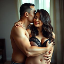 A 39-year-old Indonesian man with pure white skin is embracing a beautiful 28-year-old woman from behind, kissing her cheek affectionately