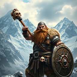 A realistic epic fantasy scene featuring a long-bearded Dwarf warrior from Dungeons & Dragons