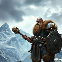 A realistic epic fantasy scene featuring a long-bearded Dwarf warrior from Dungeons & Dragons