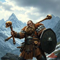A realistic epic fantasy scene featuring a long-bearded Dwarf warrior from Dungeons & Dragons
