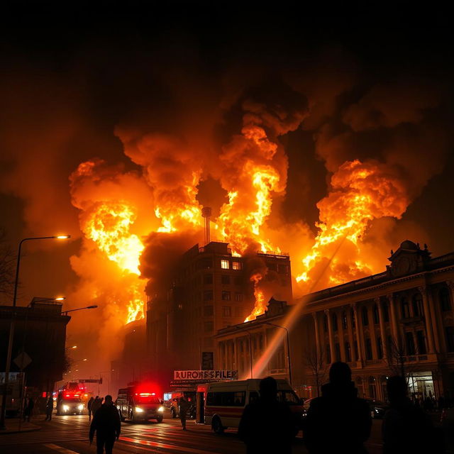 A massive fire raging in Tehran, with towering flames consuming several structures, creating a vivid contrast against the dark night sky