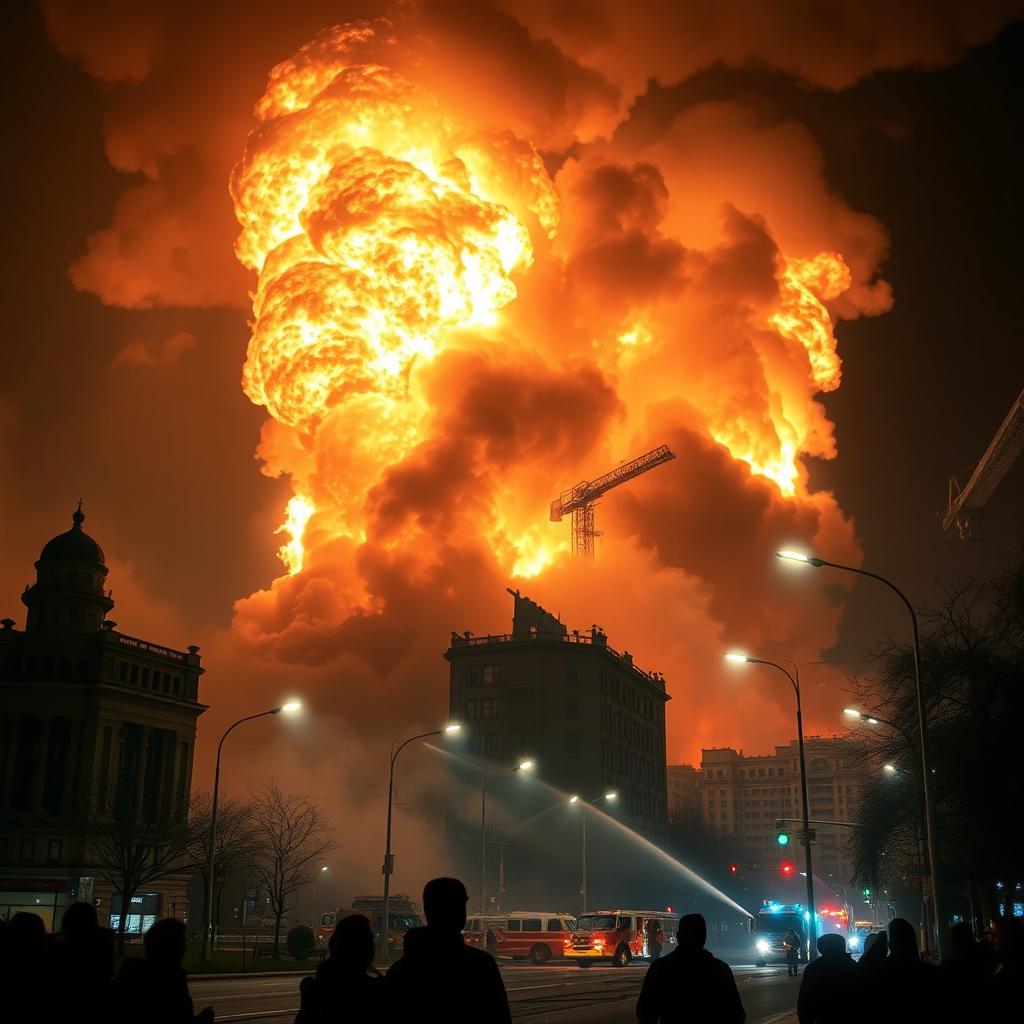 A massive fire raging in Tehran, with towering flames consuming several structures, creating a vivid contrast against the dark night sky