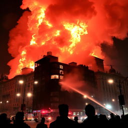 A massive fire raging in Tehran, with towering flames consuming several structures, creating a vivid contrast against the dark night sky