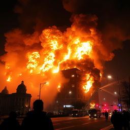 A massive fire raging in Tehran, with towering flames consuming several structures, creating a vivid contrast against the dark night sky