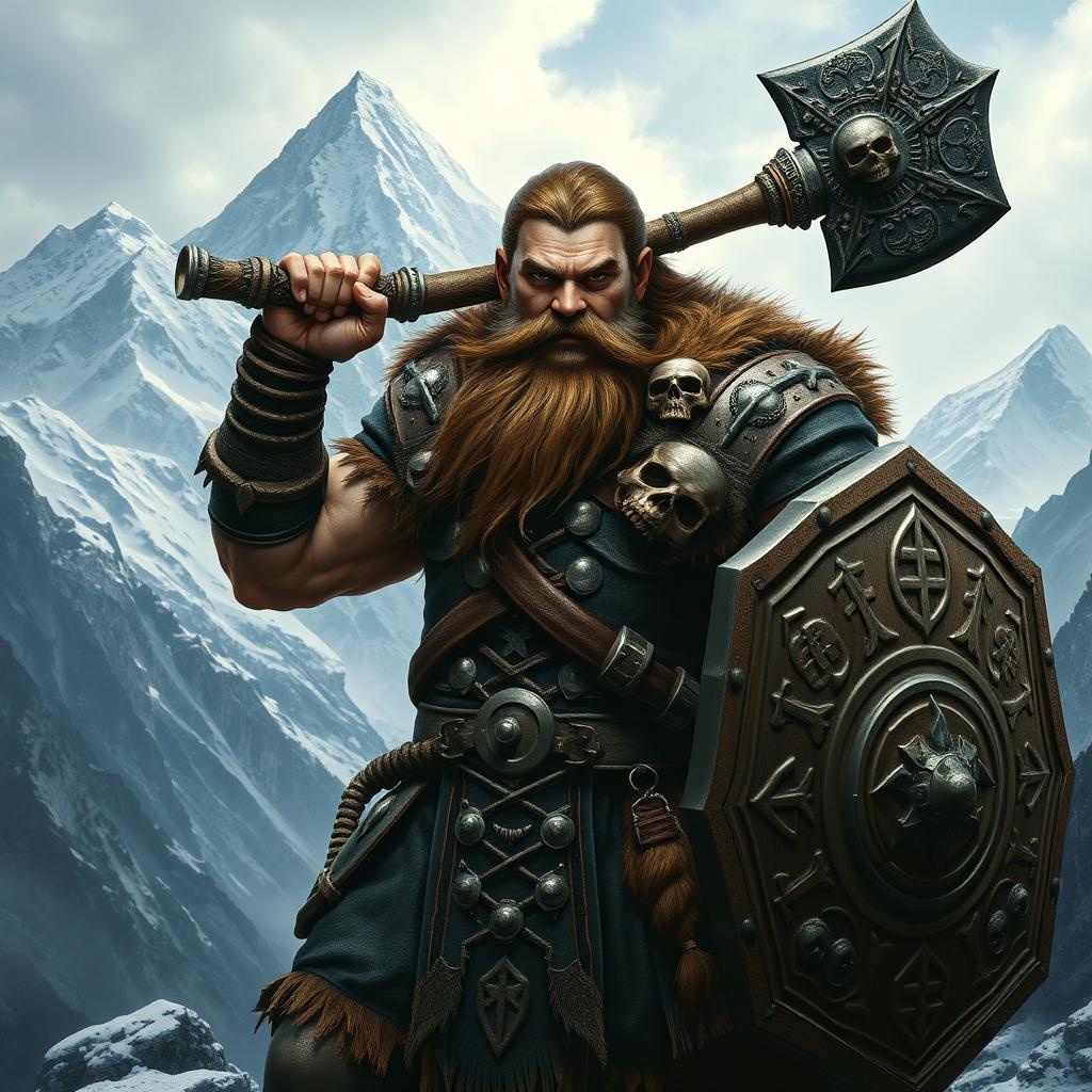 A realistic epic fantasy style image depicting a long-bearded Dwarf warrior from Dungeons & Dragons