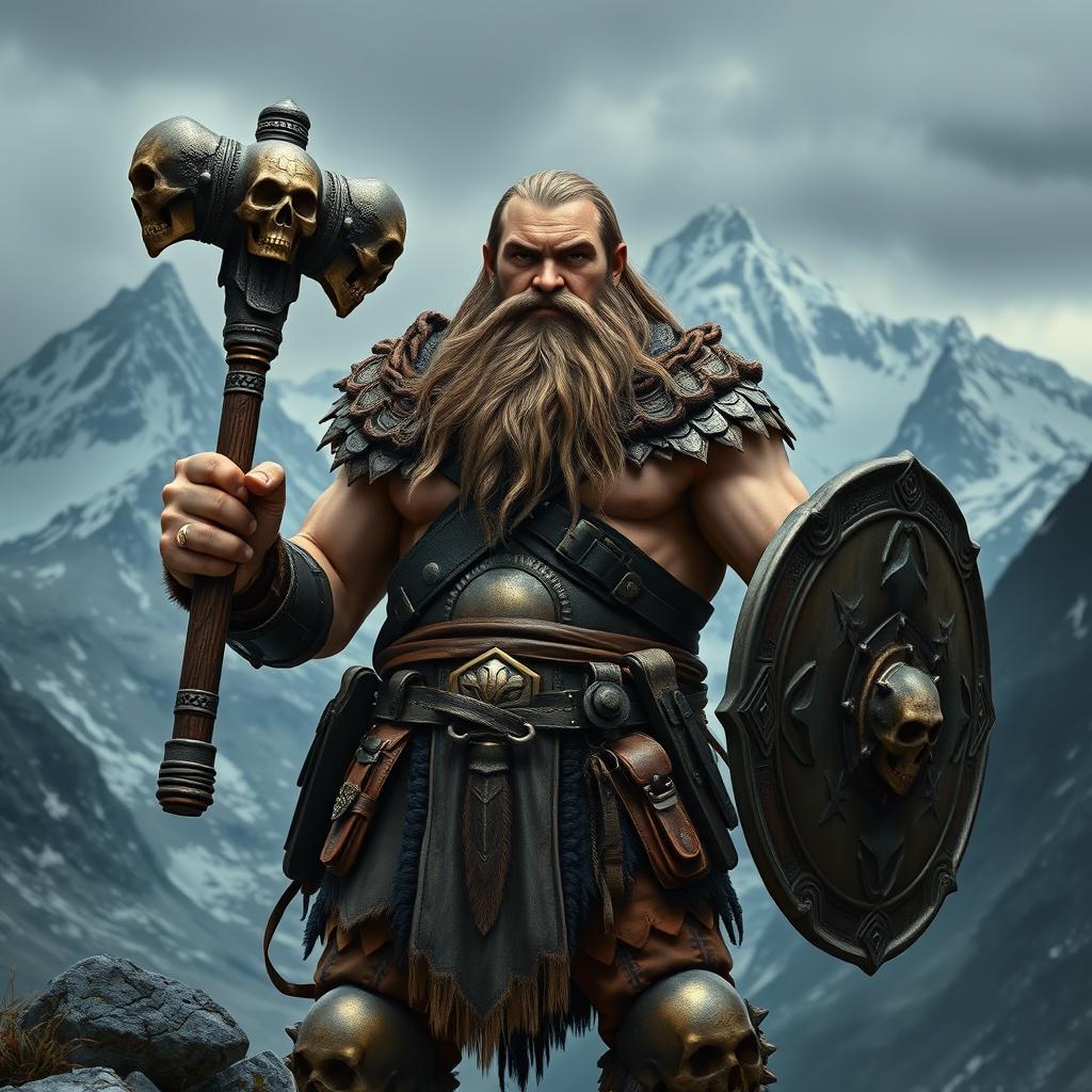 A realistic epic fantasy style image showcasing a long-bearded Dwarf warrior from Dungeons & Dragons