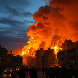A dramatic scene depicting a massive fire in Tehran, showcasing towering flames and thick smoke engulfing buildings