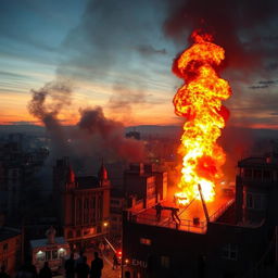 A dramatic scene depicting a massive fire in Tehran, showcasing towering flames and thick smoke engulfing buildings