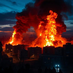 A dramatic scene depicting a massive fire in Tehran, showcasing towering flames and thick smoke engulfing buildings