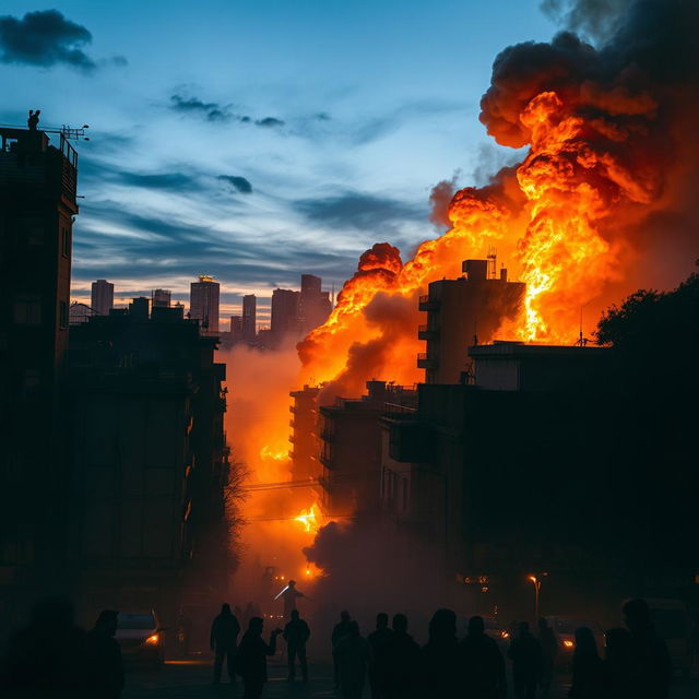 A dramatic scene depicting a massive fire in Tehran, showcasing towering flames and thick smoke engulfing buildings