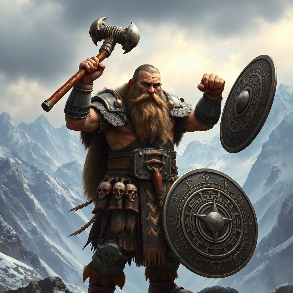 A realistic epic fantasy style image showcasing a long-bearded Dwarf warrior from Dungeons & Dragons