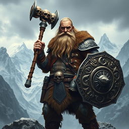 A realistic epic fantasy style image showcasing a long-bearded Dwarf warrior from Dungeons & Dragons