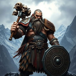 A realistic epic fantasy style image showcasing a long-bearded Dwarf warrior from Dungeons & Dragons