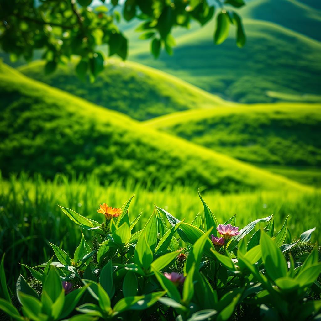 A vibrant green background, featuring a lush, serene landscape with rolling hills covered in various shades of green grass